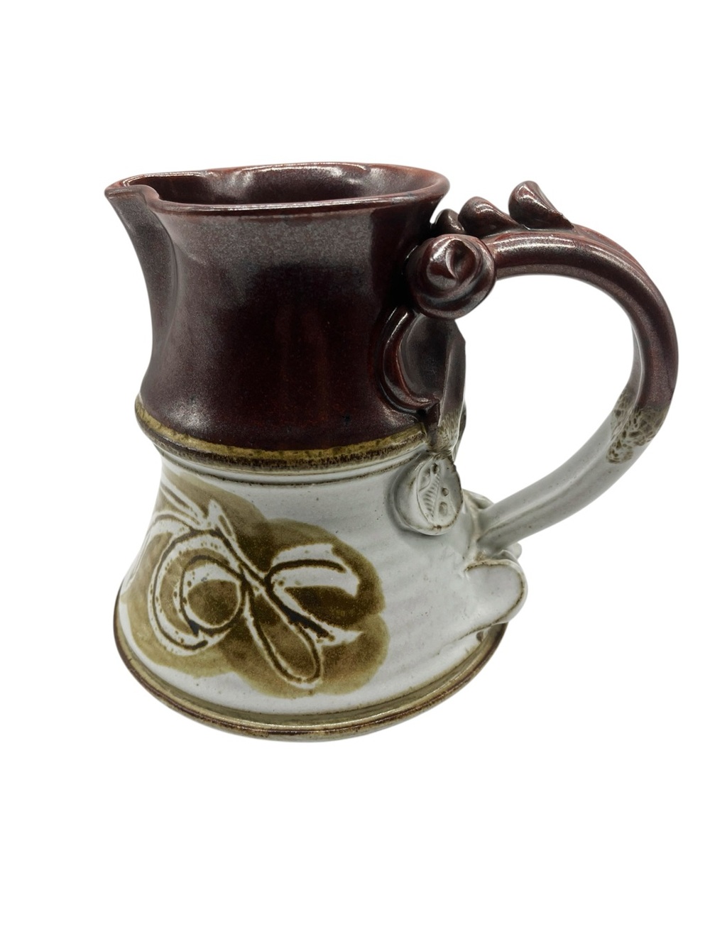 Vintage Handmade Studio Pottery Coffee Tea Pitcher Brown Glaze Sculptural Handle